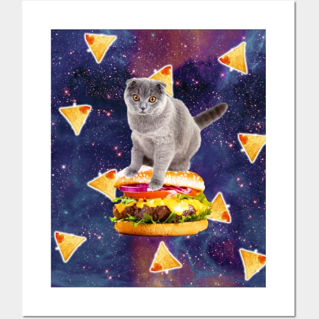 Space Kitty Cat Riding Burger With Nachos Wall Art by Random Galaxy